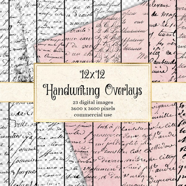 12x12 Old Handwriting Overlays, digital vintage script png letters and antique documents instant download for commercial use