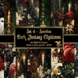 Dark Fantasy Christmas Digital Paper, seamless backgrounds pattern gothic rococo floral dark oil paint textures - Set 4