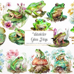 Watercolor Green Frogs Clipart - cute frog floral clip art in PNG format instant download for commercial use