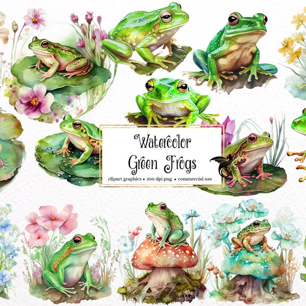 Watercolor Green Frogs Clipart - cute frog floral clip art in PNG format instant download for commercial use