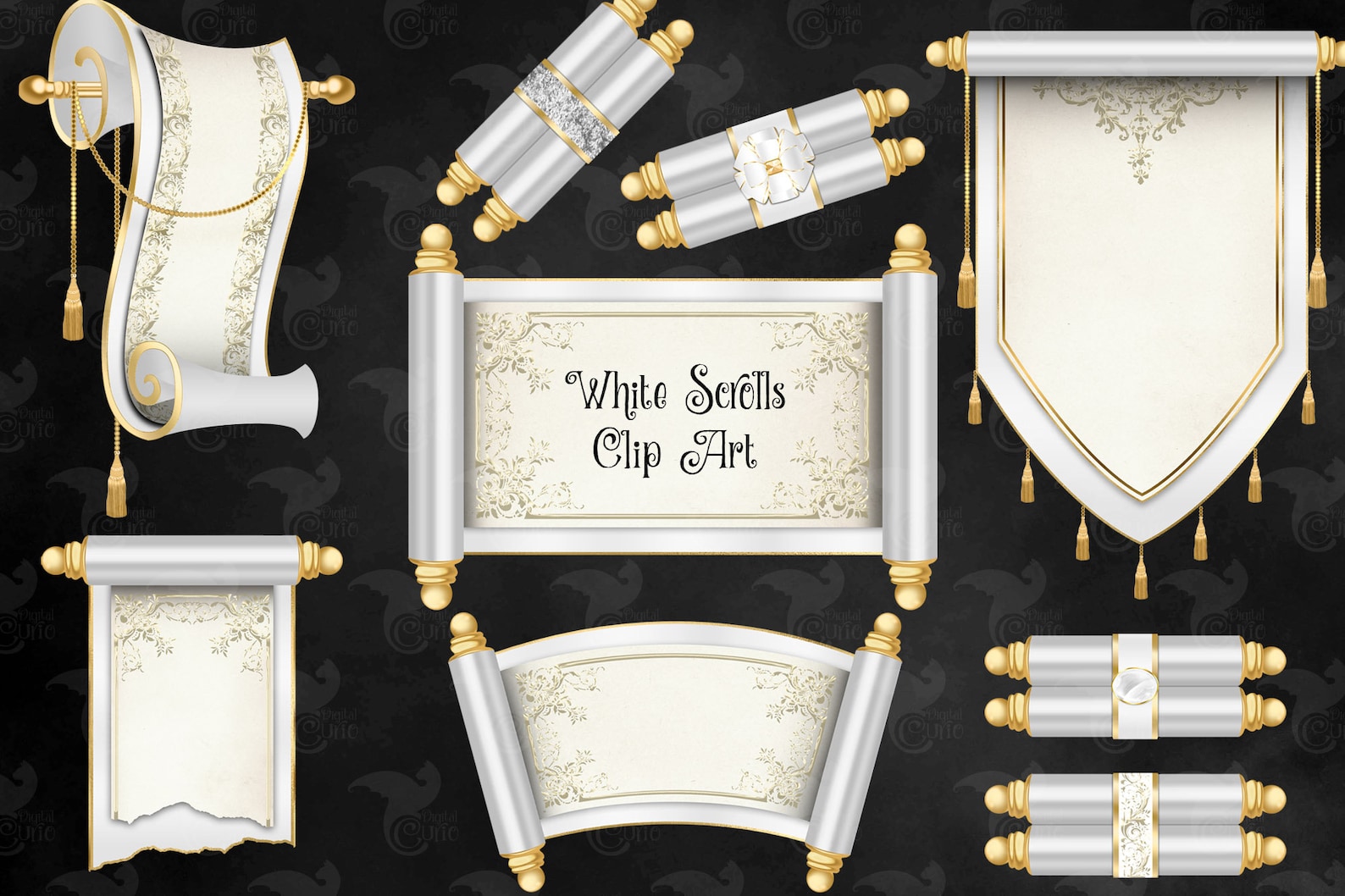 White Scrolls Clipart Digital Tapestry Clip Art for Magic Etsy