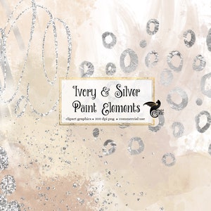Elementos de tinta marfim e prata, sobreposições de clipart de respingos de tinta, clipart de manchas de tinta, respingos de aquarela, gráficos de arte png