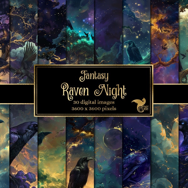 Fantasy Raven Night Digital Paper, celestial digital paper fantasy scrapbook pages printable paper instant download