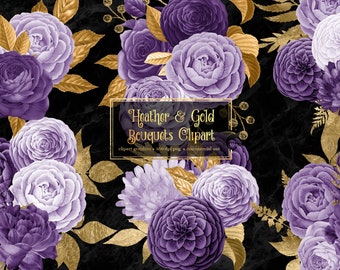 Heather and Gold Floral Bouquets Clipart, digital instant download purple and gold foil wedding flower png commercial use