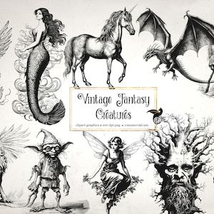 Vintage Fantasy Creatures Clipart, antieke middeleeuwse illustraties clip art graphics, ephemera instant download