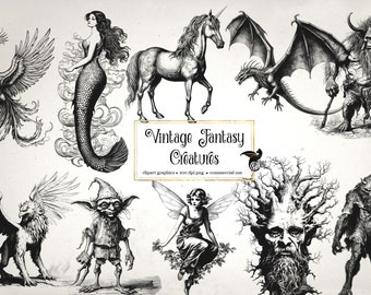 Vintage Fantasy Creatures Clipart, antique medieval illustrations clip art graphics, ephemera instant download