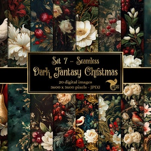 Dark Fantasy Christmas Digital Paper, naadloze achtergronden patroon gotische rococo bloemen donkere olieverf texturen - Set 7