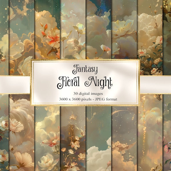 Fantasy Floral Night Digital Paper, celestial digital paper fantasy scrapbook pages printable paper instant download