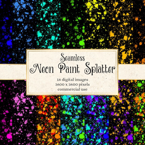 Neon Farbspritzer Digital Paper, nahtlose Farbtextur Hintergründe mit Aquarelltropfen und Paintball Spritzern für kommerzielle Nutzung