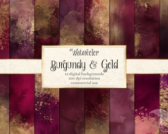 Watercolor Burgundy and Gold Backgrounds - watercolour paint textures for instant download commercial use