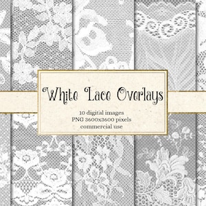 White Lace Overlays, transparent digital paper scrapbooking clip art embellishments, floral shabby lace PNG vintage lace clipart