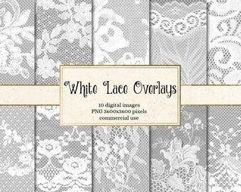 White Lace Overlays, Floral Clipart, Transparent PNG (Digital Download)