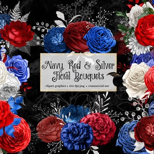 Navy Red and Silver Floral Bouquets Clipart, red and navy blue patriotic flower clip art instant download commercial use