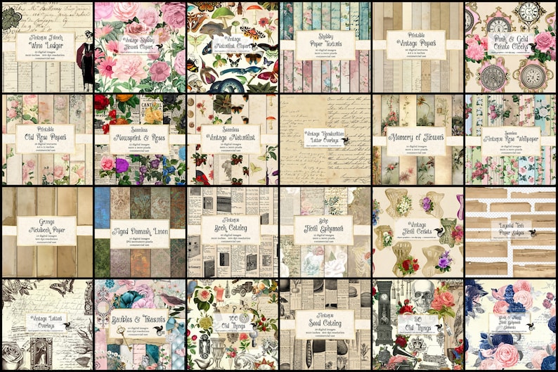 Vintage Ephemera Graphics Bundle, Digital Collage Paper (digital ...