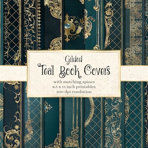Gilded Teal Book Covers, printable decorative gilded book covers 8.5 x 11 instant download digital sheets for commercial use