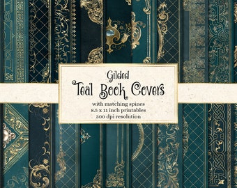 Gilded Teal Book Covers, Ornate Journal Pages (Digital Download)