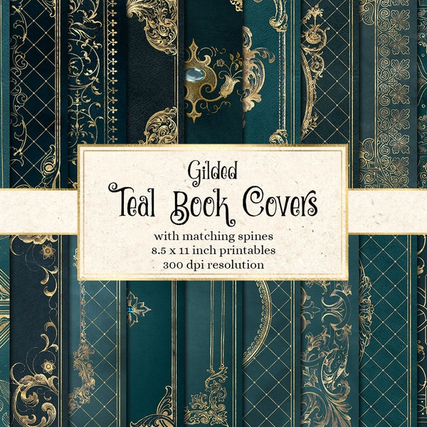 Gilded Teal Book Covers, printable decorative gilded book covers 8.5 x 11 instant download digital sheets for commercial use