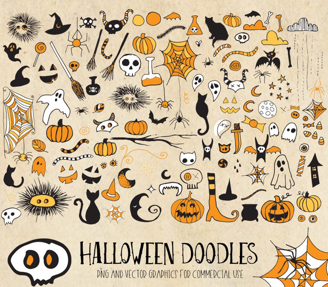 Halloween Doodles Clipart, Digital Hand Drawn Sketched Skulls, Ghosts
