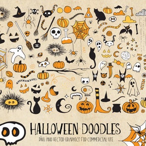 Halloween Doodles Clipart, digital hand drawn sketched skulls, ghosts, pumpkins, Halloween doodle clip art png and vector instant download