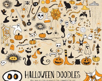 Halloween Doodles Clipart, digitale handgezeichnete skizzierte Schädel, Geister, Kürbisse, Halloween Doodle Clip Art png und Vektor sofortiger download