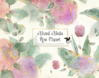Mixed Media Rose Clipart – Watercolor, Gold Foil (PNG Digital Download)