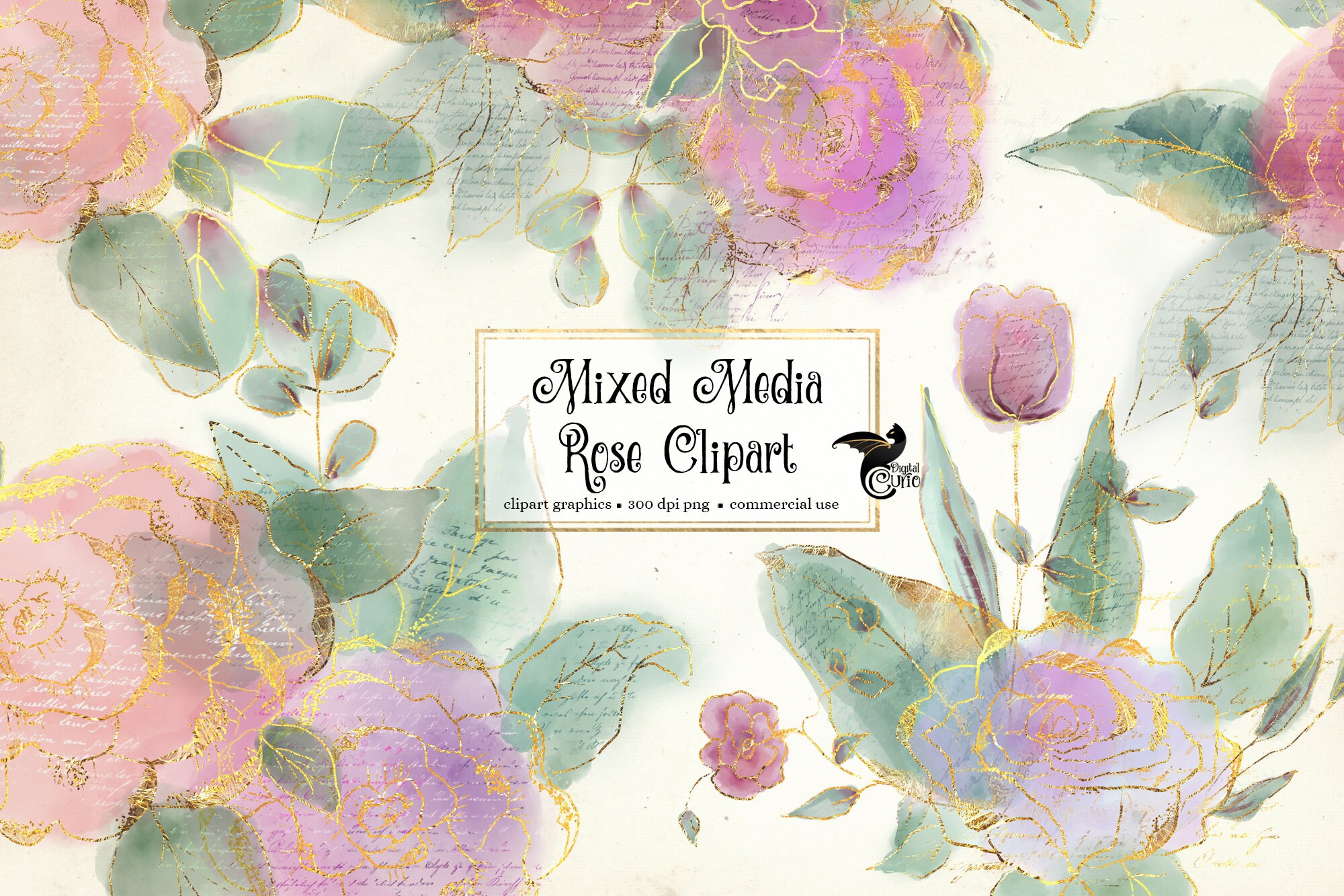 Mixed Media Rose Clipart Digital Flower Clip Art Graphics in - Etsy