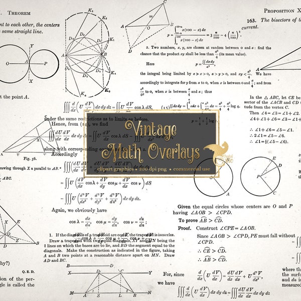 Sovrapposizioni matematiche vintage, calcolo antico e formule geometriche ed equazioni testo clip art grafica PNG download istantaneo uso commerciale