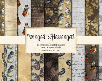 Winged Messengers Digital Paper, seamless vintage owl patterns printable scrapbook paper instant download