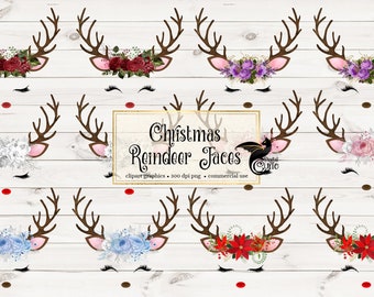 Christmas Reindeer Clipart, reindeer faces, glitter eyes, gold and sparkle glitter reindeer antlers, lashes, eyelashes, bouquet png graphics