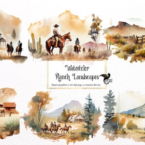 Aquarell Ranch Landschaften Clipart - Western Landschaft Szenen Aquarell PNG format sofortiger Download für kommerzielle Nutzung