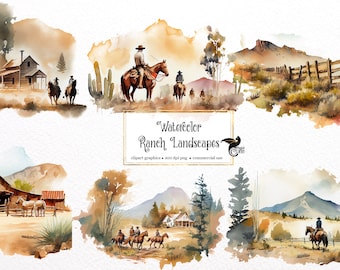 Watercolor Ranch Landscape Clipart – Western Scenes PNG (Digital Download)