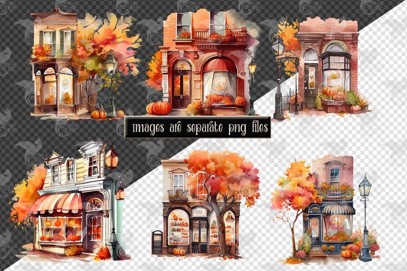 Fall Storefront Background Watercolor Autumn Storefronts Clipart – Fall Shops PNG (digital ...