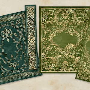 Op de afbeelding: Vier groene boekomslagen met gouden, sierlijke ontwerpen. De omslagen zijn getextureerd en hebben een vintage uitstraling.