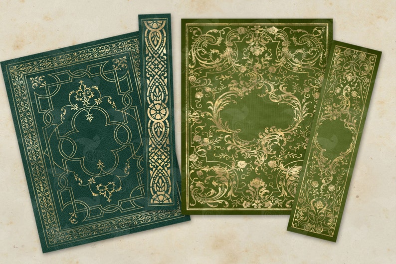 Op de afbeelding: Vier groene boekomslagen met gouden, sierlijke ontwerpen. De omslagen zijn getextureerd en hebben een vintage uitstraling.