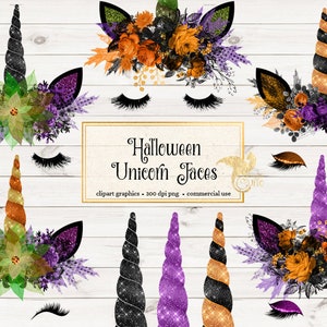 K&ouml;nnte beinhalten: Satz mit acht Halloween-Einhorn-Gesichtern mit Glitzer und Blumenkr&auml;nzen. Die Einh&ouml;rner haben schwarze, goldene und violette H&ouml;rner und sind mit orangefarbenen, violetten und gr&uuml;nen Blumen verziert. Der Text "Halloween Unicorn Faces" ist im Bild enthalten.