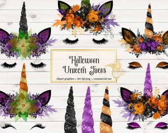 Halloween Unicorn Clipart, unicorn faces, orange and black unicorn horn, sparkle glitter unicorn graphics, Halloween unicorn clip art