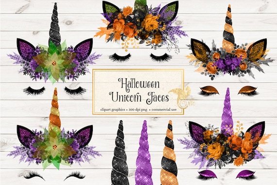 Halloween Unicorn Clipart, Glitter Horns, Watercolor Florals (Digital Download)