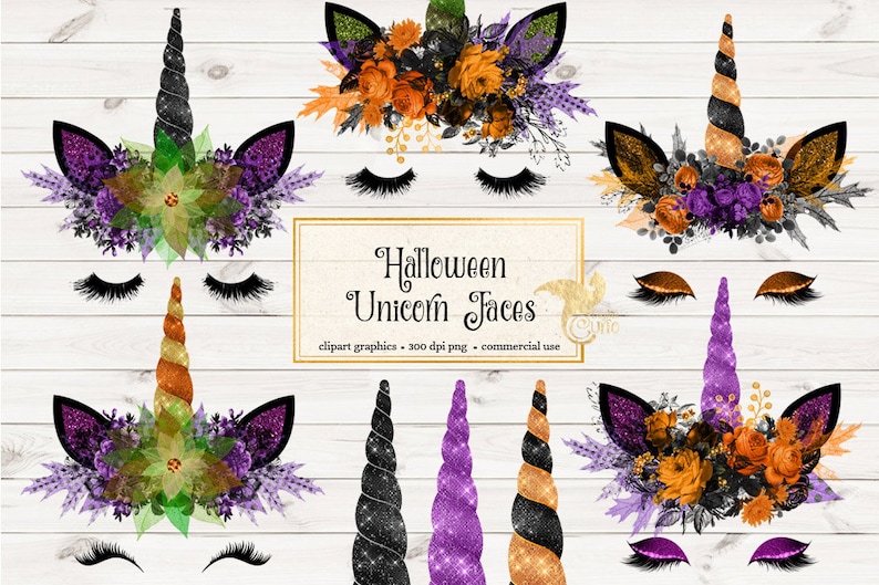 K&ouml;nnte beinhalten: Satz mit acht Halloween-Einhorn-Gesichtern mit Glitzer und Blumenkr&auml;nzen. Die Einh&ouml;rner haben schwarze, goldene und violette H&ouml;rner und sind mit orangefarbenen, violetten und gr&uuml;nen Blumen verziert. Der Text "Halloween Unicorn Faces" ist im Bild enthalten.