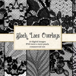 Black Lace Overlays, transparent digital paper scrapbooking clip art embellishments, digital floral gothic lace PNG vintage lace clipart