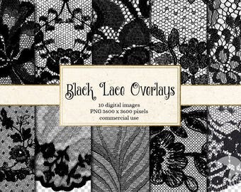 Black Lace Overlays, transparent digital paper scrapbooking clip art embellishments, digital floral gothic lace PNG vintage lace clipart