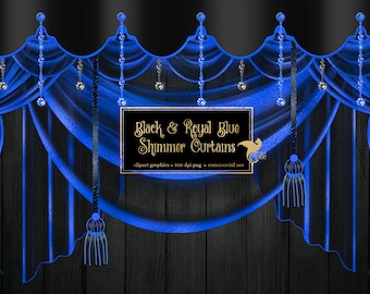 Black and Royal Blue Shimmer Curtains Clipart, digital curtain backdrop clip art graphics, stage curtains drapes, curtain png overlays