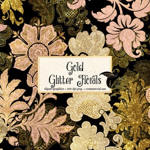 Gold Glitzer Blumen Clipart, funkelnde Blume Clip Art png Overlays kommerzielle Nutzung Baby-Dusche-Einladungen Elfenbein rosa und gold Grafiken
