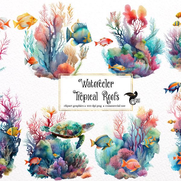 Watercolor Tropical Reef Clipart - ocean seascape coral reefs, beach scene PNG format instant download for commercial use