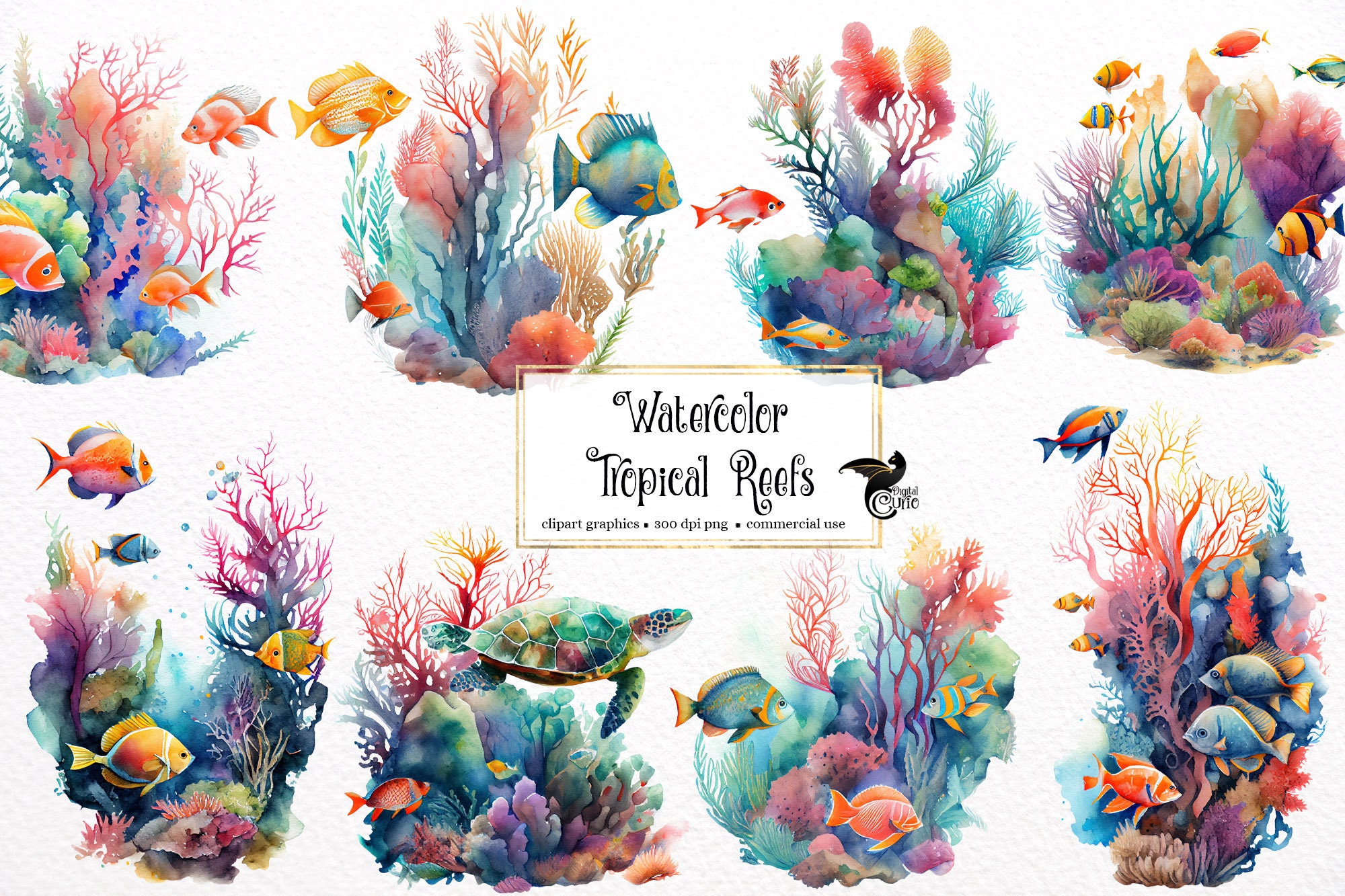 Watercolor Tropical Reef Clipart - ocean seascape coral reefs, beach scene PNG format instant download for commercial use