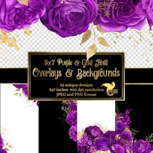 5 x 7 paarse en gouden bloemen overlays voor uitnodigingen, planners, dagboekpagina's, vintage bloem clipart, bruiloft frames clip art