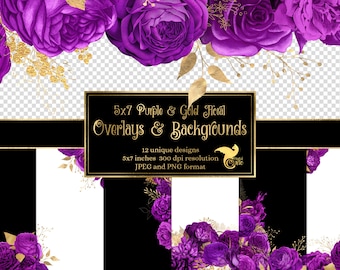 5x7 Purple and Gold Floral Overlays for invitations, planners, journal pages, vintage flower clipart, wedding frames clip art