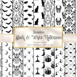 Black and White Halloween Digital Paper, seamless witch and skull beige Gothic patterns printable scrapbook paper commercial use