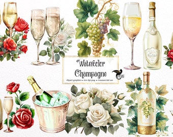 Aquarell Champagner Clipart - Party Feier Grafiken (Digital PNG)
