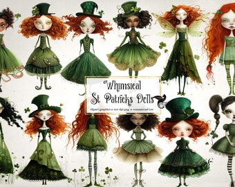 St Patrick's Day Dolls Clipart - Whimsical Leprechaun Fairy Graphics (PNG)