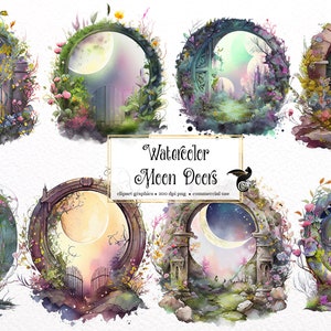 Watercolor Moon Doors Clipart - magic garden gate fairy clip art in PNG format instant download for commercial use